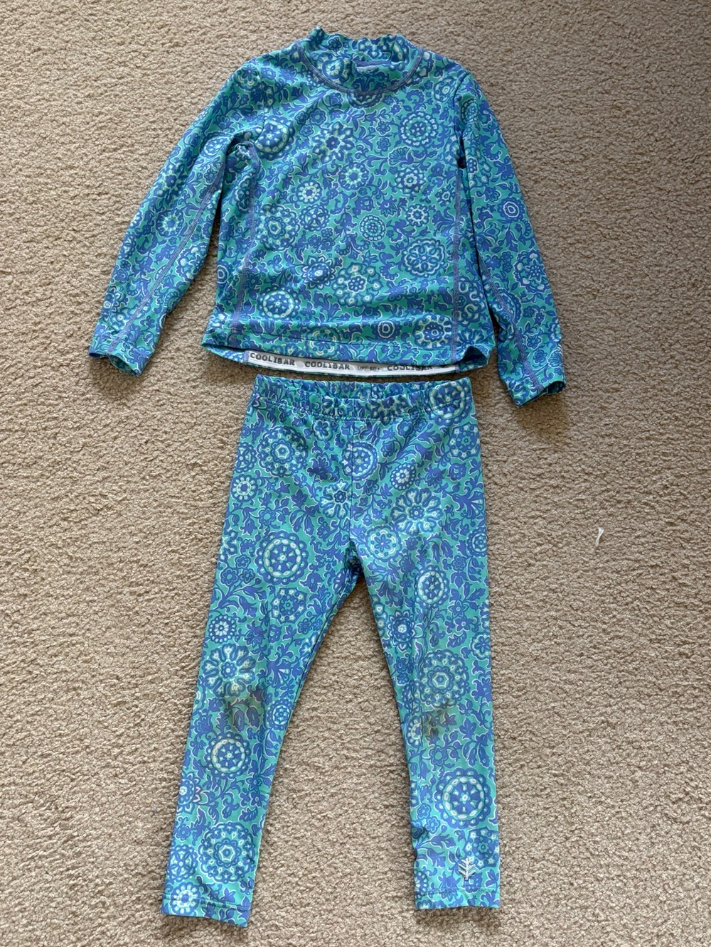 Kids XS (4-5) Coolibar SPF50 2 piece long sleeve and pant swim set blue